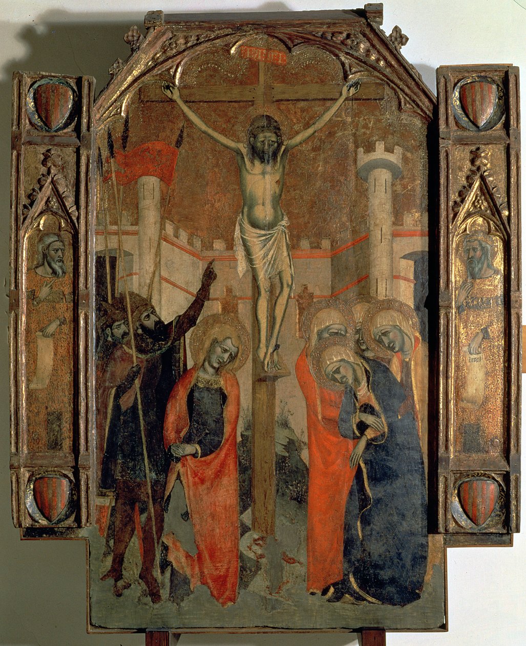 Ukřižování, horní část centrálního panelu velkého oltářního obrazu Almudaina, dokončeného v roce 1358 (tempera na panelu) od F. Bassa and R. Destorrents