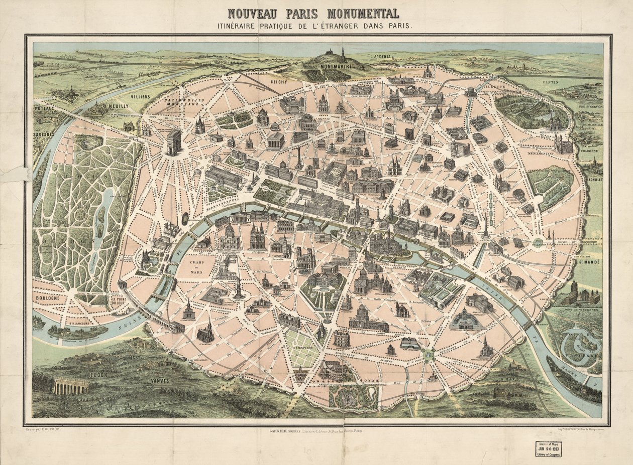Vybrané budovy vyobrazeny. Pohled z ptačí perspektivy. LC kopie připevněná na hadříku. Dostupné také prostřednictvím webové stránky Library of Congress jako rastrový obrázek od F.; Garnier Frères; Dufrénoy Dufour