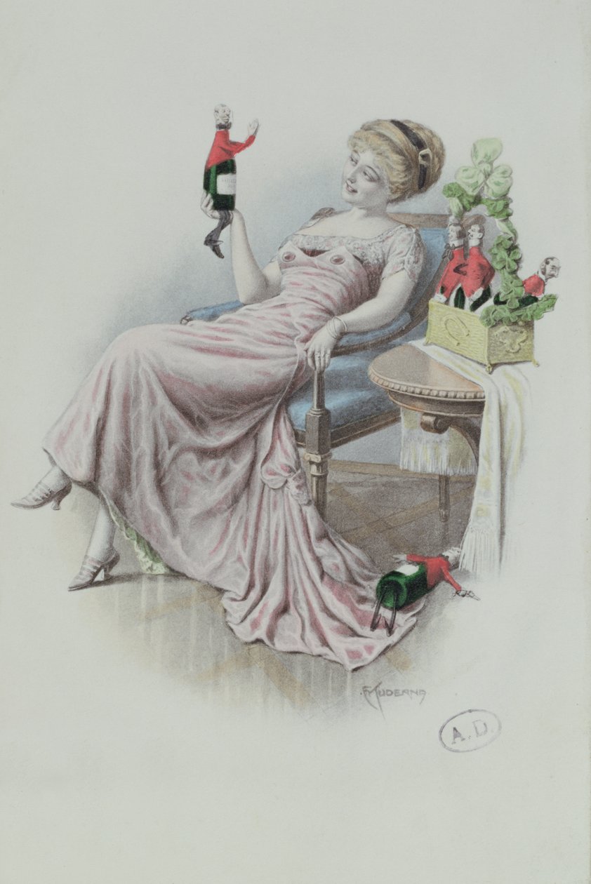 Pohlednice zobrazující ženu s lahvemi šampaňského ve tvaru mužů, cca 1900 (barva lito) od F. Kuderna