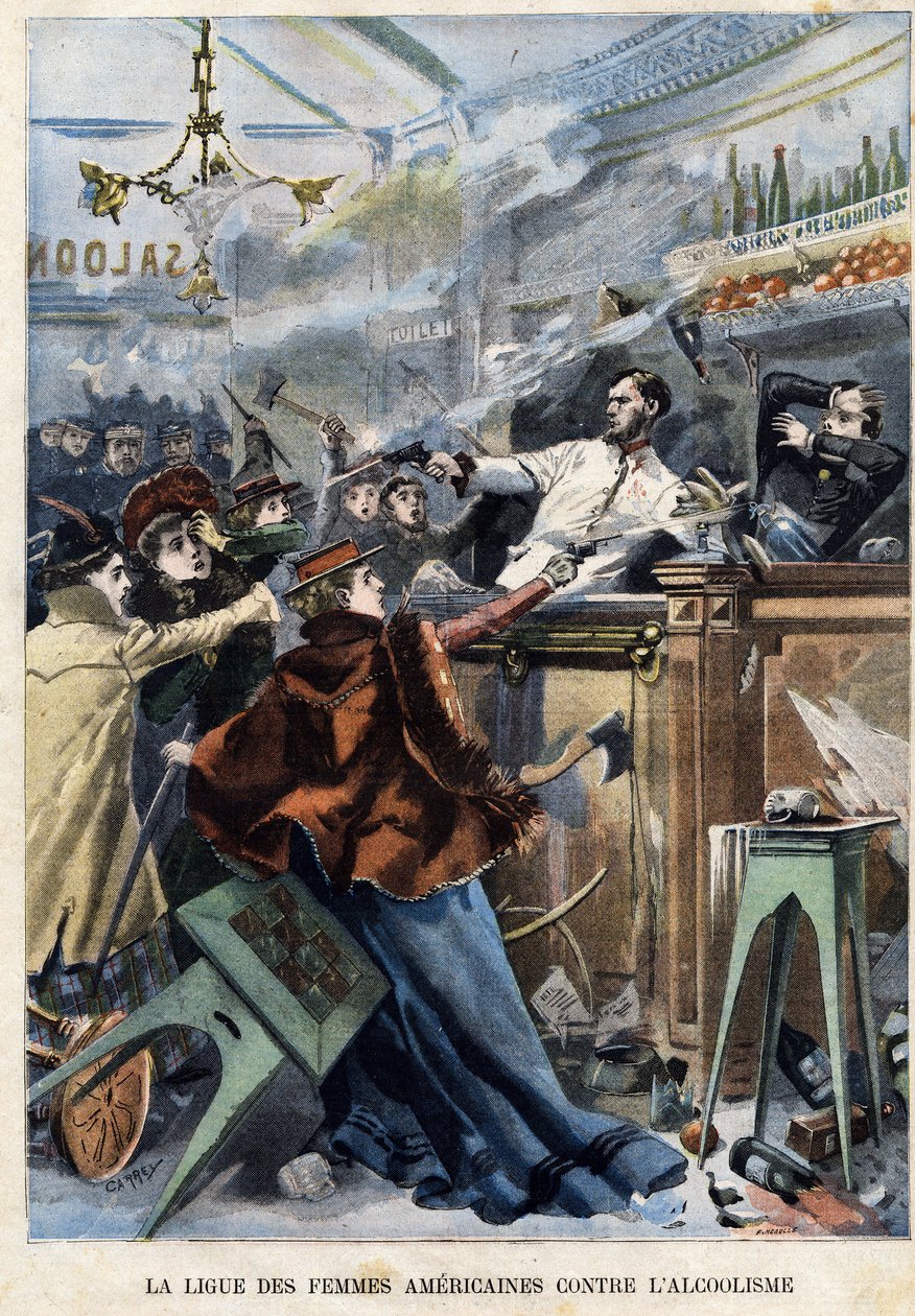 Americká liga žen proti alkoholismu. V americkém saloonu střílely ženy z pistolí na barmany. od F. L & Carrey (fl.1900) Meaulle