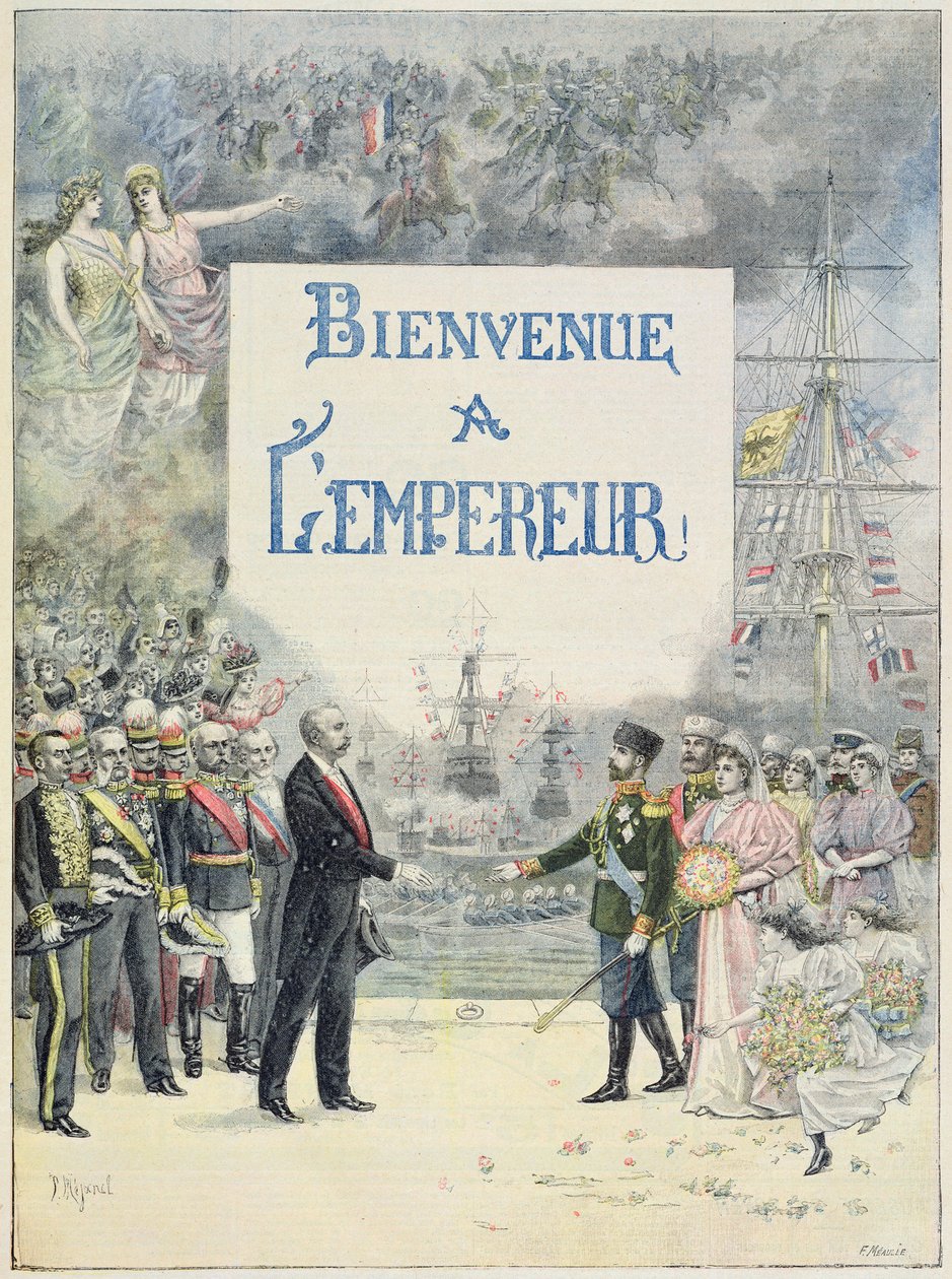Vítejte u císaře a císařovny Ruska, ilustrace z ilustrované přílohy Le Petit Journal, 4. října 1896 (barevné lito) od F. L. and L. Royer Meaulle