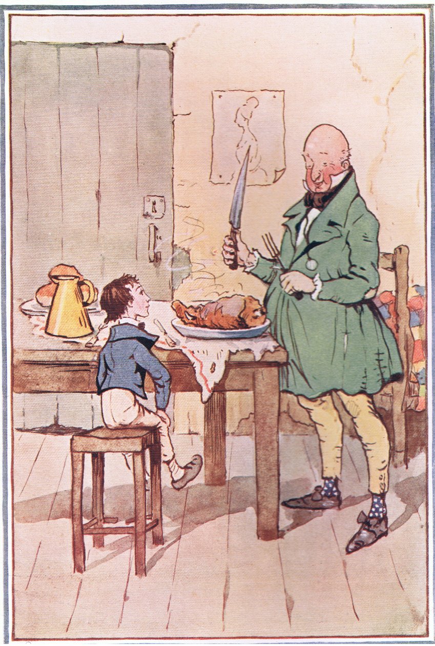 David večeřel s panem MiCawberem ve vězení, ilustrace od Davida Copperfielda, 1914 od F. M. B. Blaikie