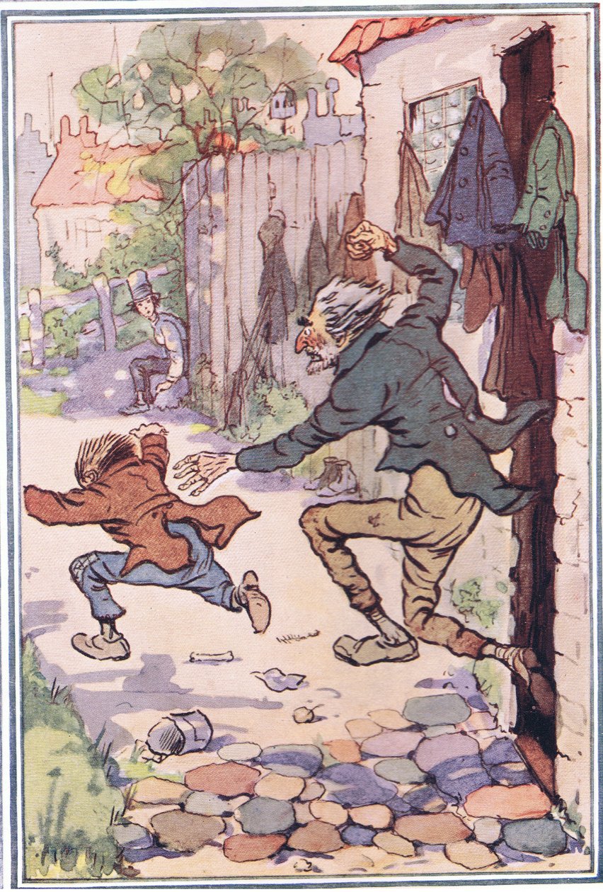 Hed za nimi vyběhl z obchodu a poslal je létat, ilustrace od Davida Copperfielda, 1914 od F. M. B. Blaikie