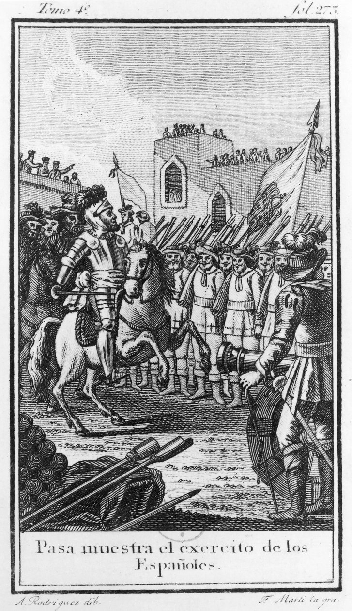 Hernando Cortes (1485-1547) Reviewing his Troops, vyryl Antonio Rodriquez od F. Marti