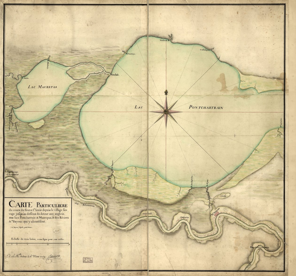 Erityinen kartta St. Louis -joen suunnasta villikylästä Detour aux Angloixin alapuolelle, Pontchartrain- ja Maurepas-järvet sekä sinne johtavat joet ja bayouc od F. Saucier