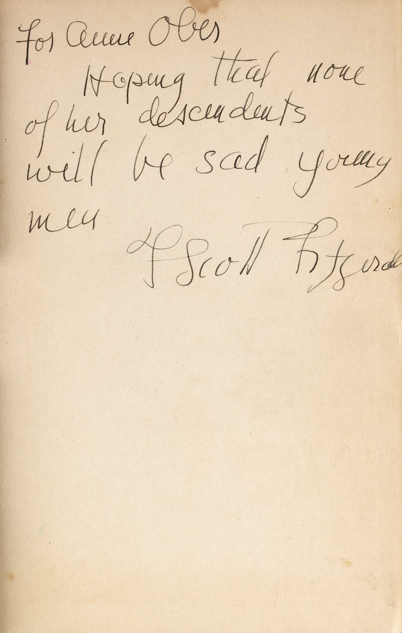Autorův nápis na přední předsádce prvního vydání „All the Sad Young Men“ od F. Scott Fitzgerald