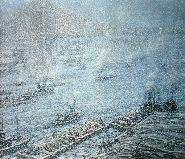 East River, New York, Zima (olej na plátně) od F. Usher de Voll