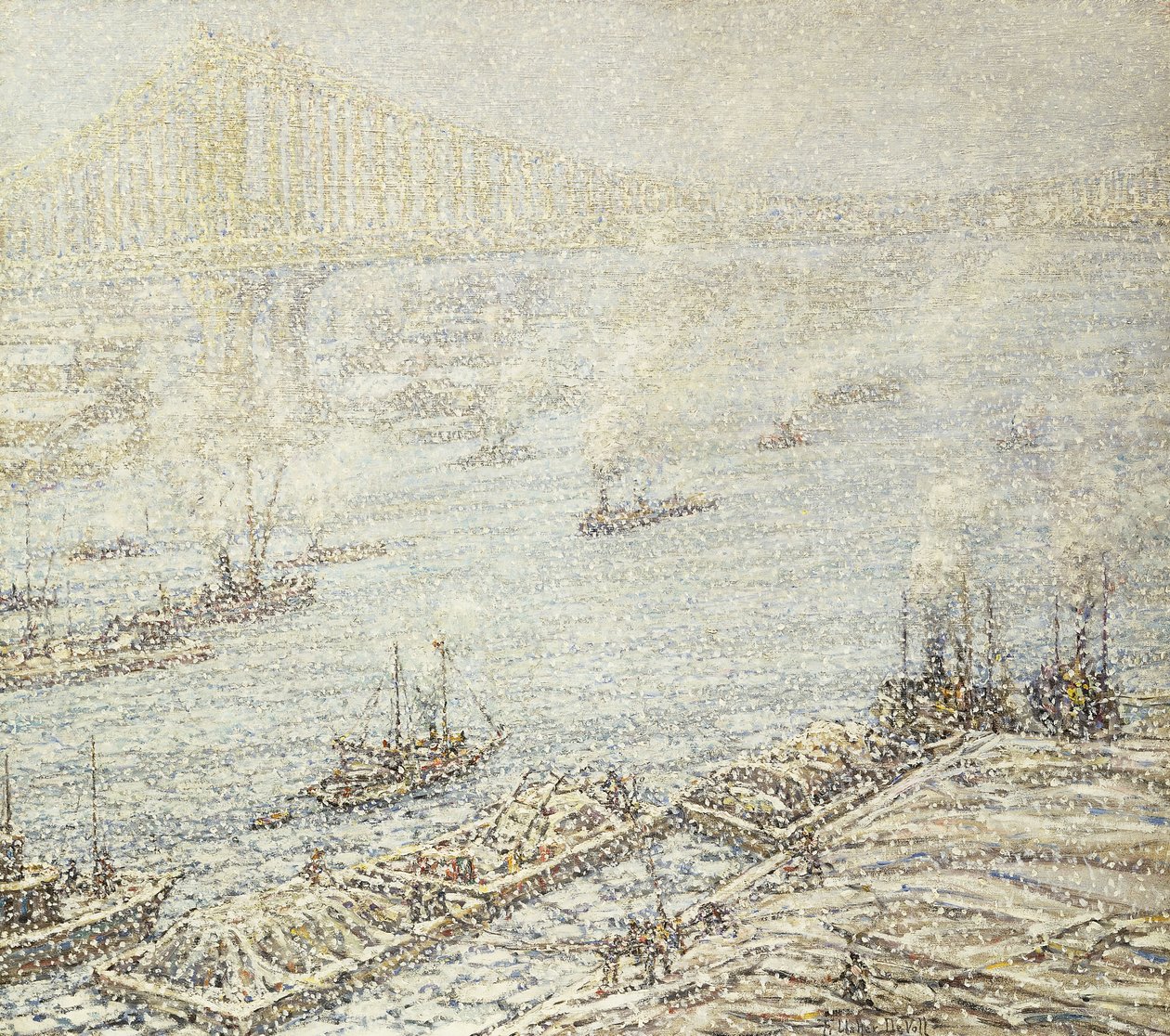 East River, New York, zima, cca 1915 (olej na plátně) od F. Usher de Voll