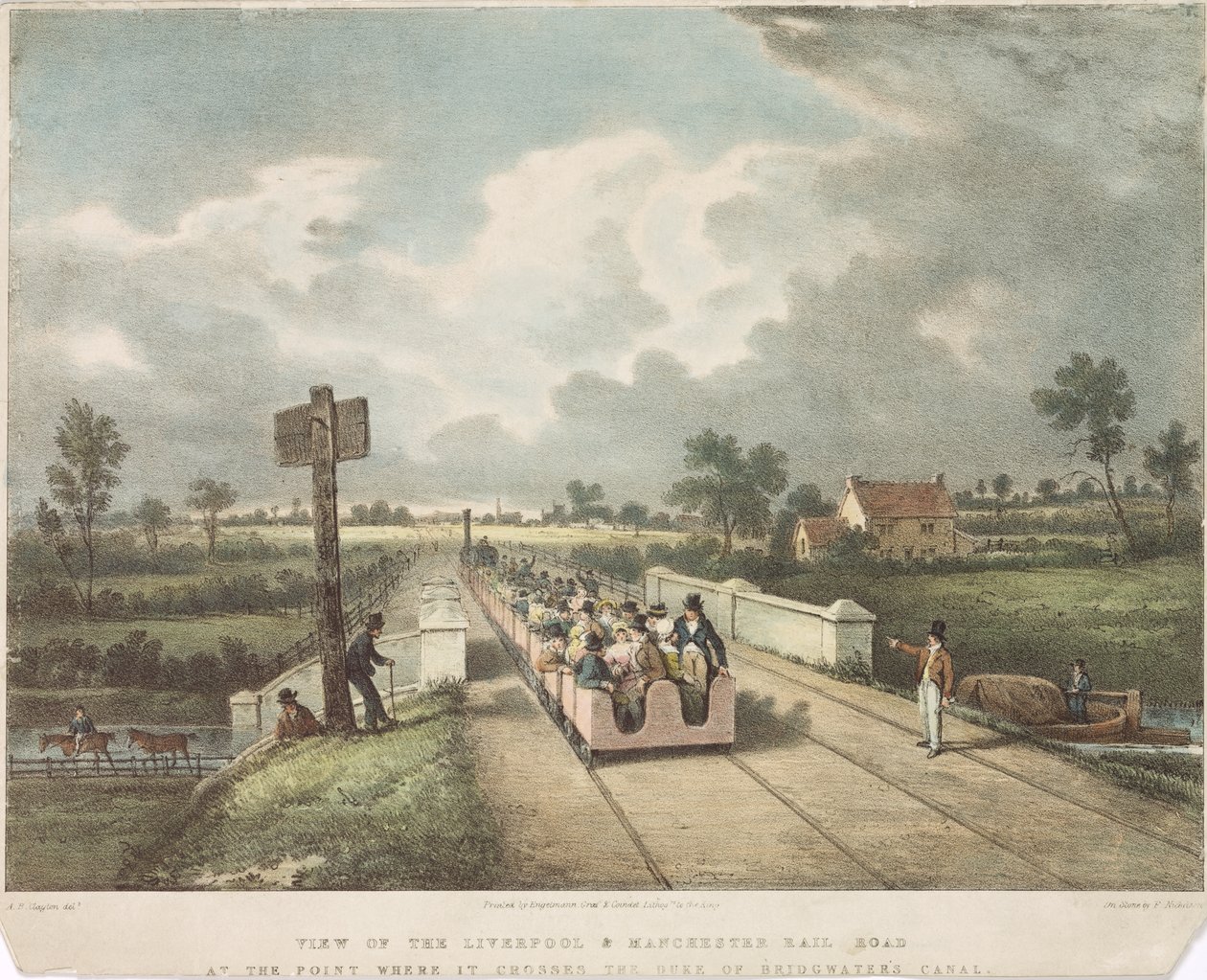 Pohled na Liverpool & Manchester Rail Road v místě, kde překračuje kanál Duke of Bridgewaters, vyrytý A.B. Clayton, 1831 od F. after Nicholson
