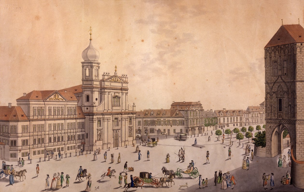 Hybernské náměstí, Praha (kolorovaný lept a mědiryt) od F. and Heger, P. Heger