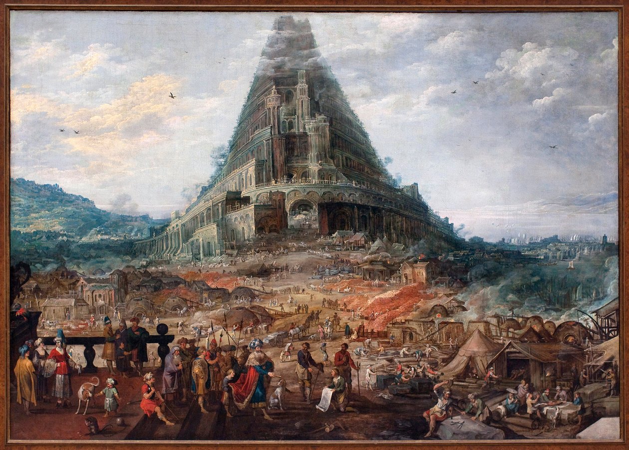 Babylonská věž. Malba Joose de Mompera II. (1564-1635), postavy připisované Fransi Franckenovi II. (1581-1642), olej na dřevě. Vlámské umění 17. století. Královské muzeum výtvarného umění Belgie, Brusel. od F. and Momper J. Francken