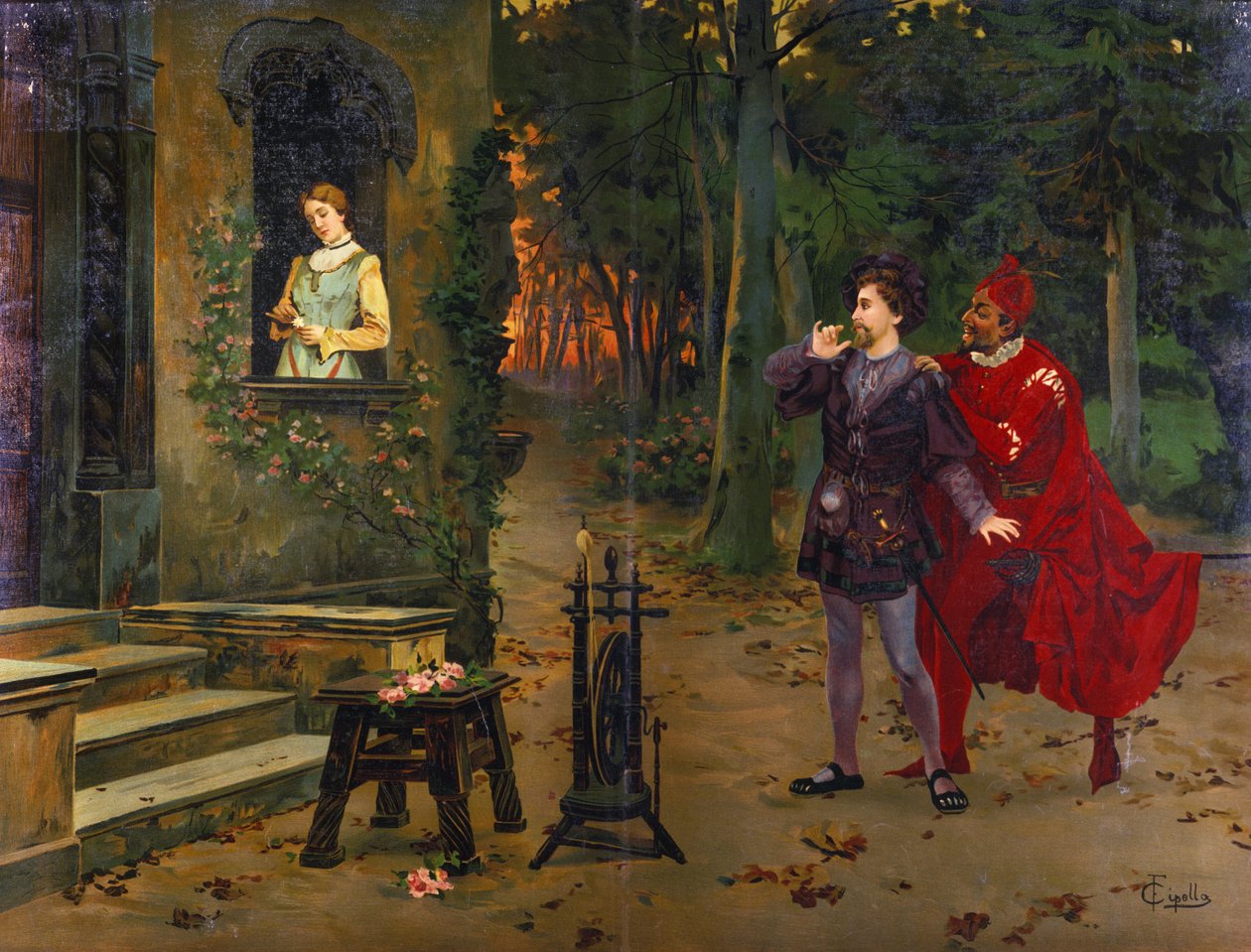 Setkání s Marguerite. Mefisto (Mefistofeles). Ilustrace „“ Faust“, Opera Charlese Gounoda (1818 - 1893). chromolitografie F. Cipolly. od Fabio Cipolla