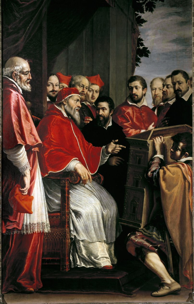 Michelangelo představuje model budovy soudu Rota v ulici Giulia papeži Juliu III od Fabrizio Boschi