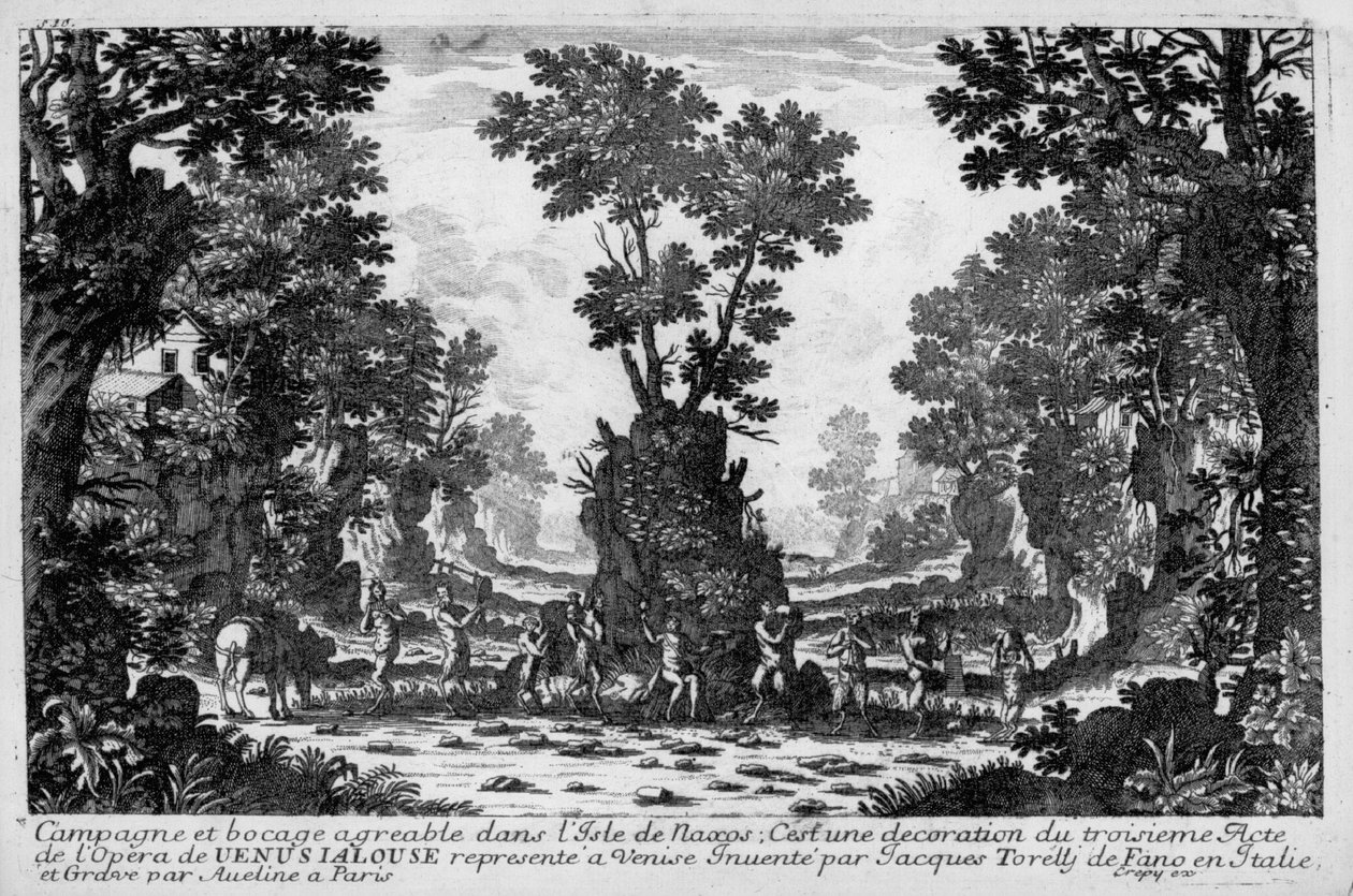 Ilustrace k dějství III opery „La venere jealous“ (Žárlivá Venuše) od Francesca Sacratiho. Dekor od Jacopa Torelliho od Family Aveline