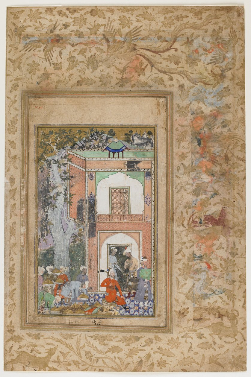 Babur baví v paláci sultána Ibrahima Lodiho, kolem roku 1585 (neprůhledný akvarel a zlato na papíře) od Farrukh Beg