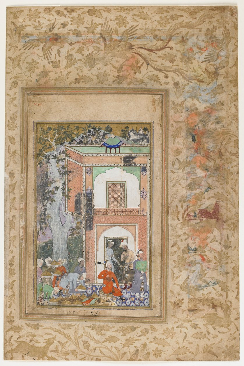 Babur baví v paláci sultána Ibrahima Lodise, oddělený folio z rozptýlené kopie Baburnama (Tuzuk-i Baburi) od Zahir-al-Din Muhammad Babura, kolem 1585 (wc, inkoust a zlato na papíře) od Farrukh Beg