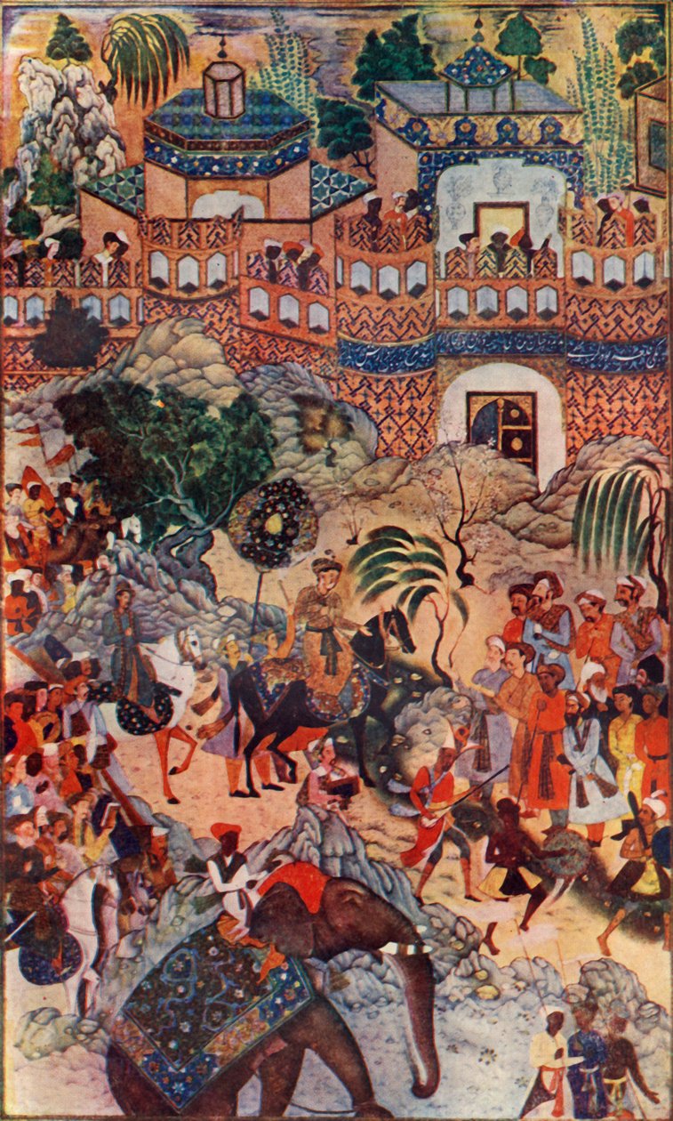 Velký císař Akbar vstupuje do svého města ve státě, 1572, 1590-1595, c1930. od Farrukh Beg