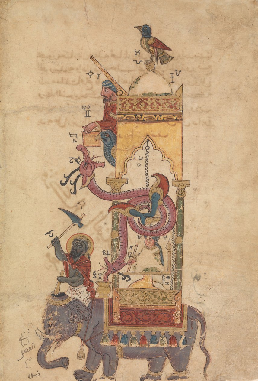 The Elephant Clock, Folio from the Book of the Knowledge of Genious Mechanical..., A.H. 715AD.1315 od Farrukh ibn Abd al Latif