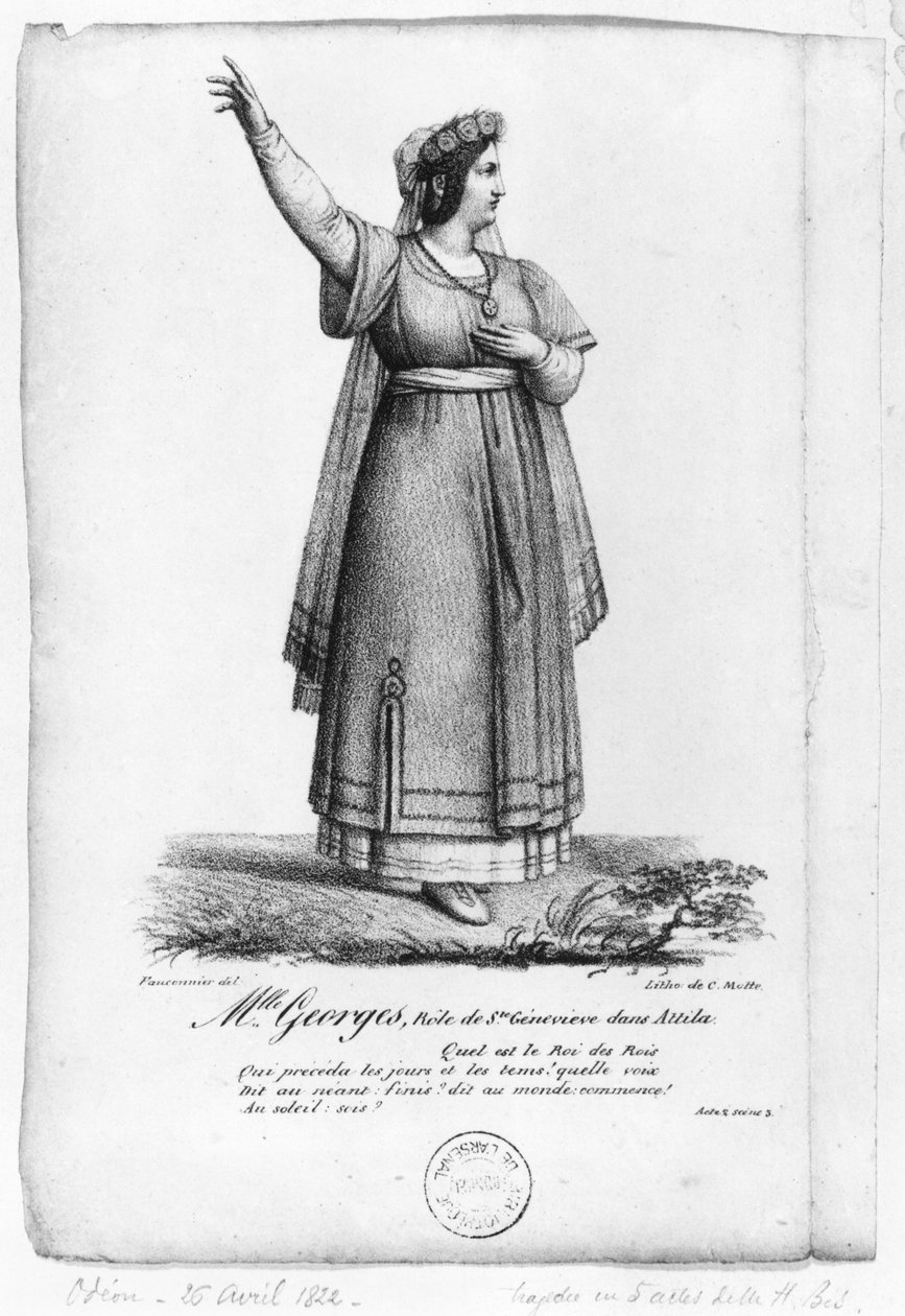 Mademoiselle George v roli sv. Genevieve z II. dějství, scéna 3 z filmu Attila od Pierra Corneille (1606-84) vyrytý Charlesem Etiennem Pierre Motte (1785-1836) 1822 od Fauconnier