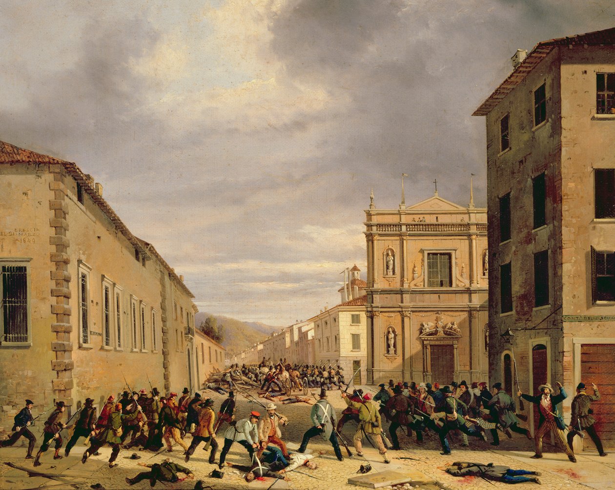 Bitva 21. března 1849 na náměstí Piazzetta Santa Barnaba v Brescii od Faustino Joli