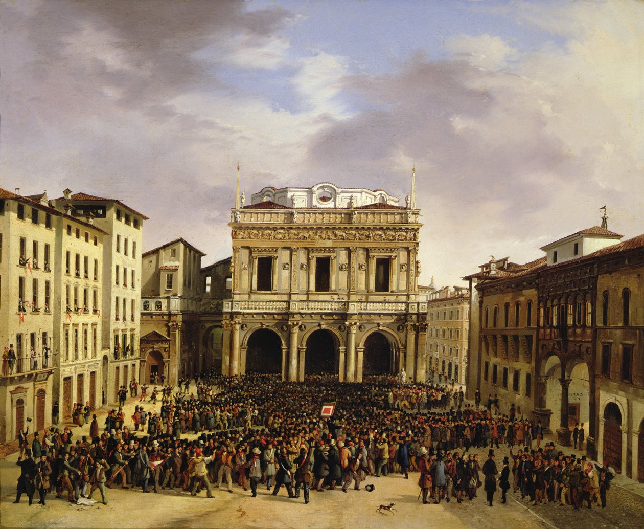 Lidé z Brescie se shromáždili na náměstí Piazza della Loggia 23. března 1849 od Faustino Joli