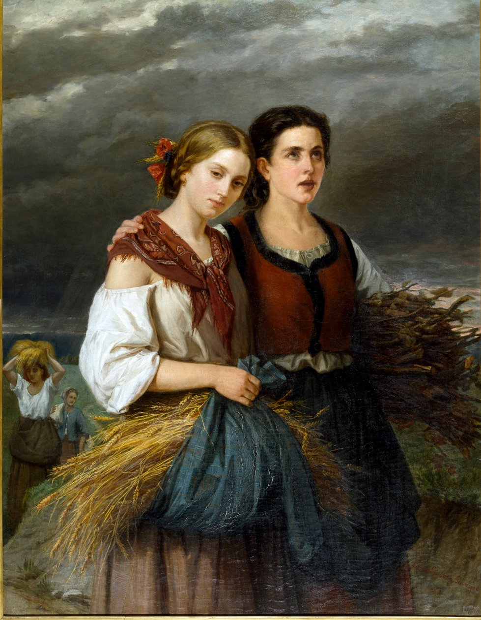 Návrat polí Dva mladí rolníci s pšeničnými klasy v zástěře stojí spolu. Obraz Federica Giuliano Gervasoni (1838-1915) 1863 Sun. 135x105 cm Genes Nervi, Galleria d