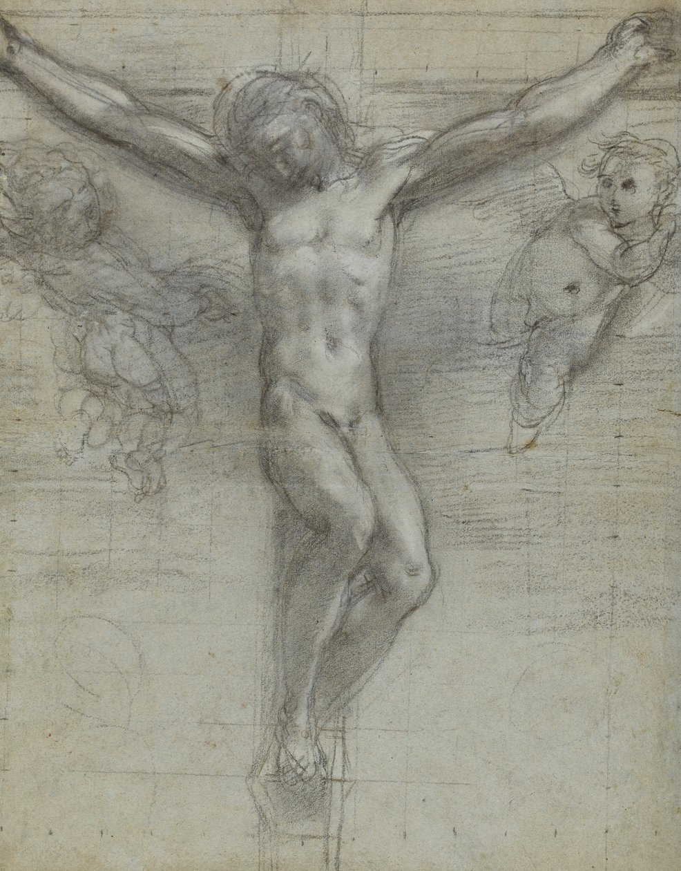 Studie Krista na kříži se dvěma anděly (černá křída, na papíře zvýrazněna bílou) od Federico Barocci