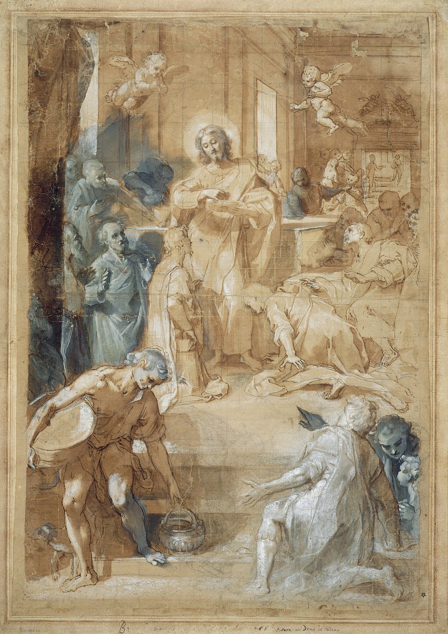 Ustavení eucharistie, kolem roku 1603 (tuš, černá křída a olej s grisailem na papíře) od Federico Barocci