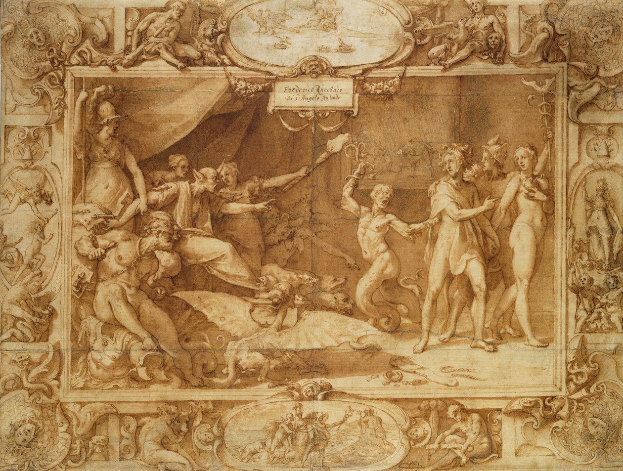 Apollo je sveden z cesty, kolem 1572 (pero a inkoust s perem na pauzovacím papíru přes tužku) od Federico Zuccaro