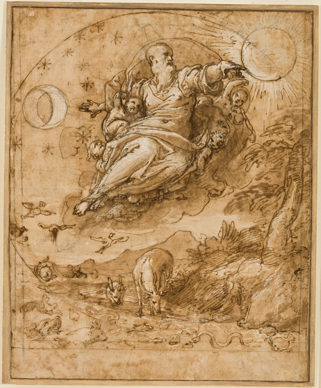 The Lord Creating the Sun and Moon, 1566-69 (pero a inkoust, křída, lavírování a zvýraznění bílé na papíře) od Federico Zuccaro