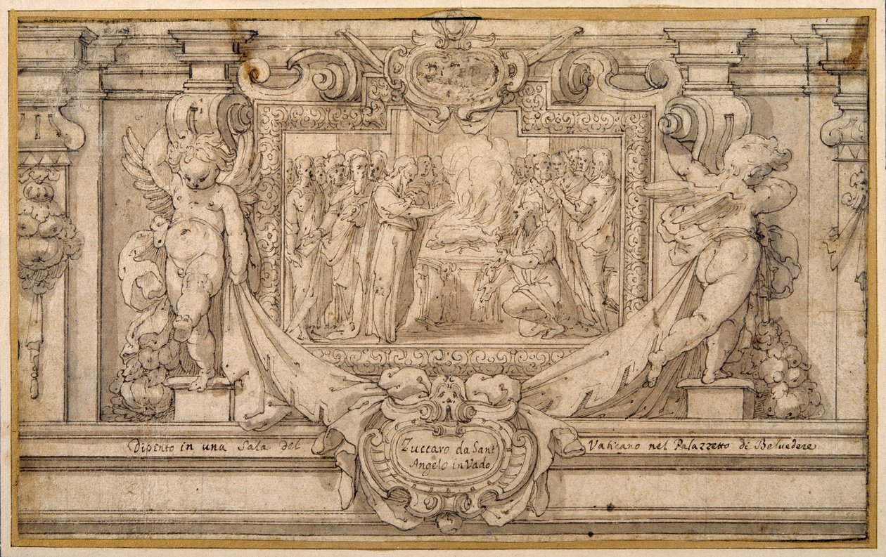 Pesach (pero a hnědý inkoust s hnědým praním na bílém papíře) od Federico (studio of) Zuccaro