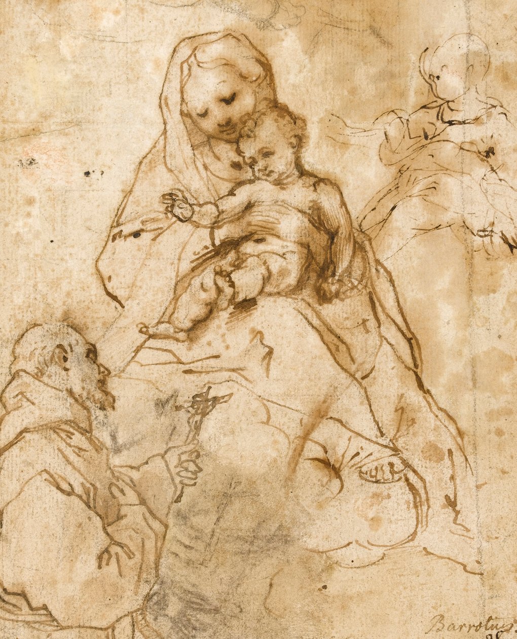 Panna s dítětem se sv. Františkem (červená křída s perem a inkoustem na papíře) od Federico Barocci