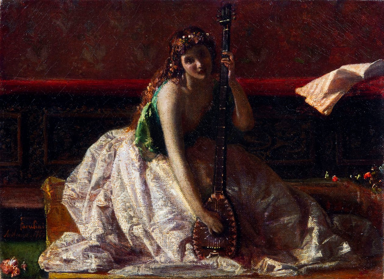 Scapigliatura: Loutnista par Faruffini, Federico (1831-1869). Olej na plátně, rozměr: 26x35 od Federico Faruffini