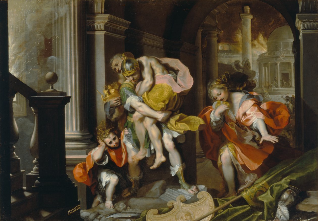 Aeneas a Anchises na útěku z Tróje, kolem 1587 (pero, inkoust a olej s bílým zvýrazněním) od Federico Fiori Barocci or Baroccio