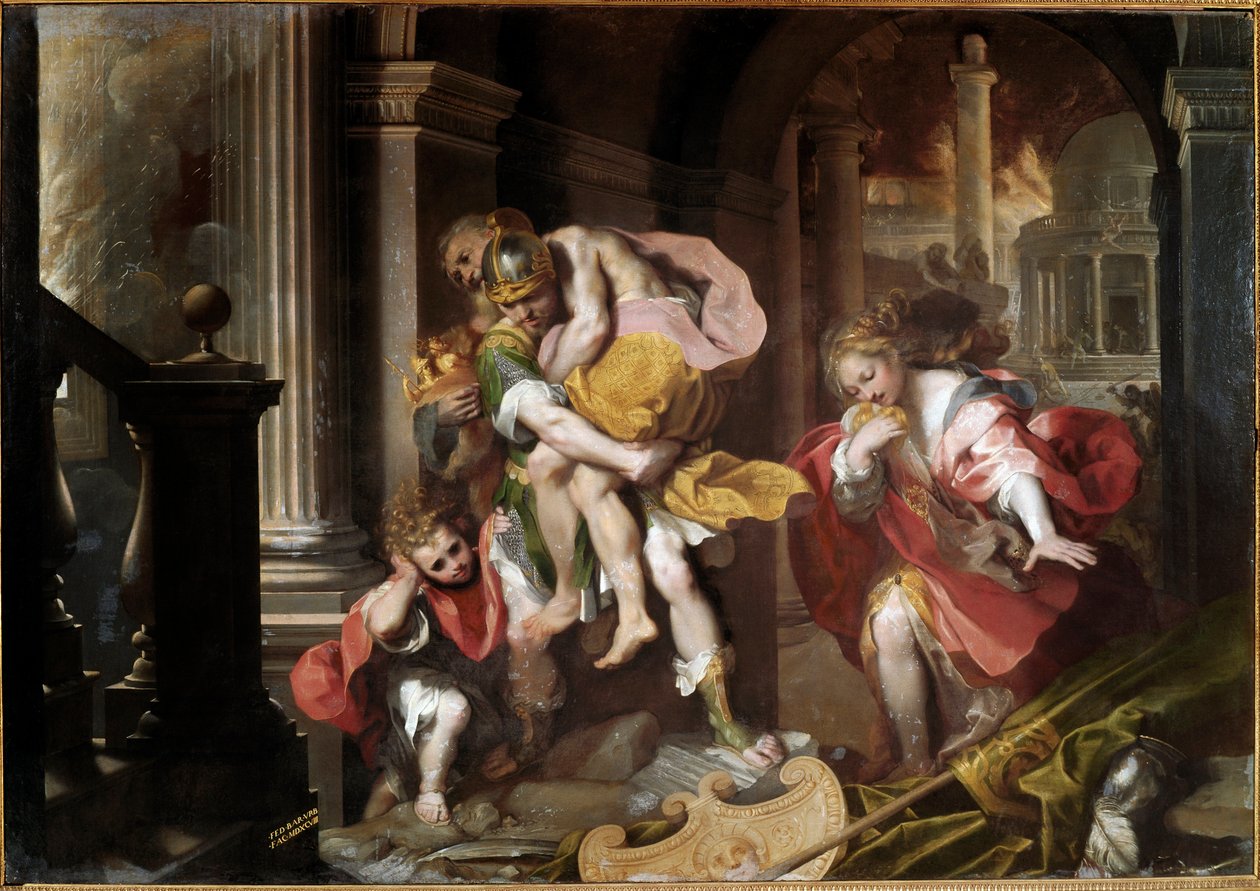 Enee nesoucí na ramenou svého otce Anchise a prchající před ohněm Trojan Obraz Federica Fiori dit il Barocci (1528/35-1612) 1598 Ne. 179x253 cm Řím, Galleria Borghese od Federico Fiori Barocci or Baroccio