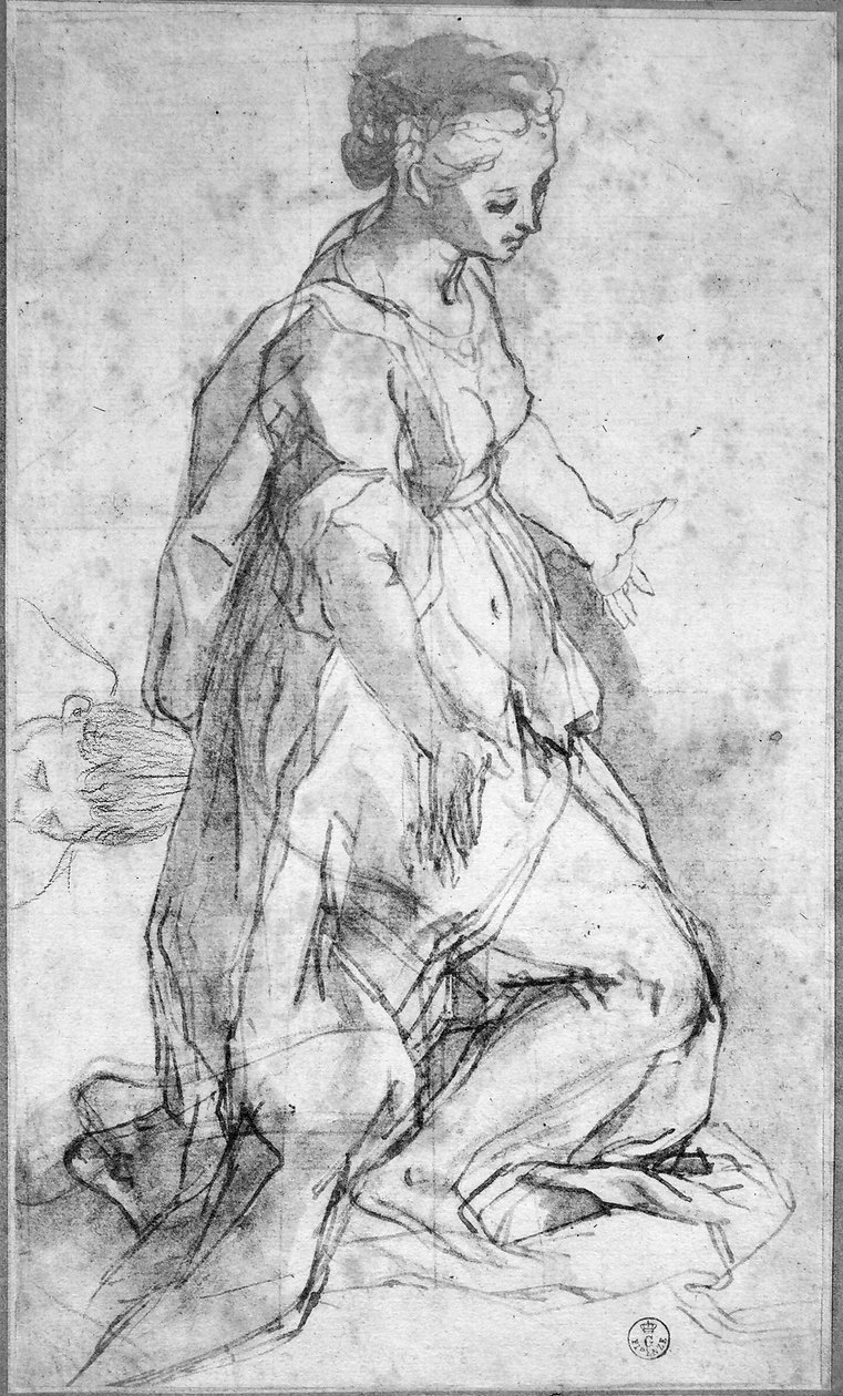 Studie k postavě Panny Marie (černá křída a pero a inkoust s mytím na papíře) od Federico Fiori Barocci or Baroccio