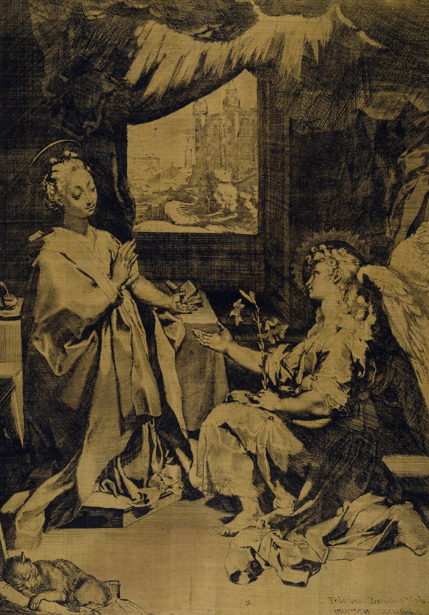 Zvěstování (lept, rytina a suchá jehla na žlutém hedvábném taftu) od Federico Fiori Barocci or Baroccio