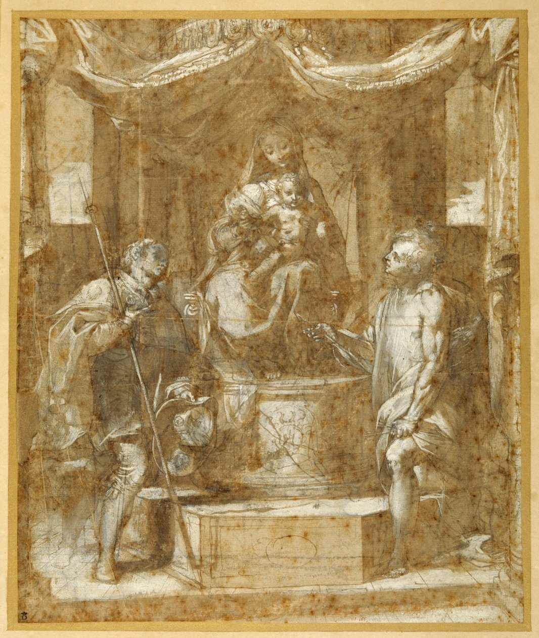 Panna a dítě trůnící pod baldachýnem se svatými Rochem a Sebastianem (pero a hnědý inkoust s hnědým praním a zvýrazněním) od Federico Fiori Barocci or Baroccio