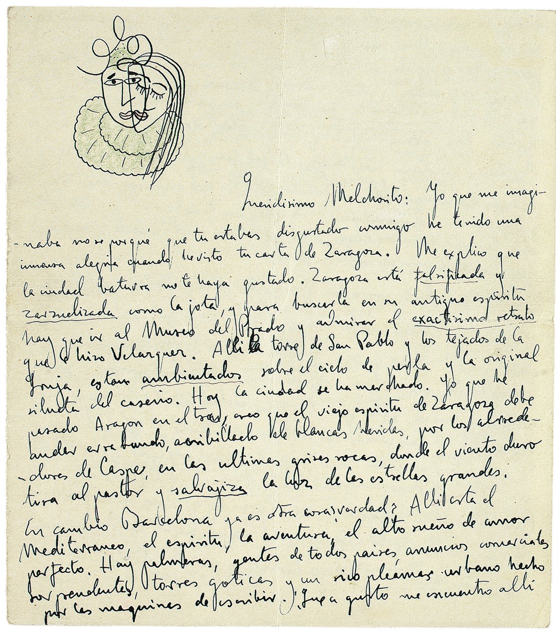 Autogram dopis Melchor Fernandez Almagro, Granada, konec ledna 1926 od Federico Garcia Lorca