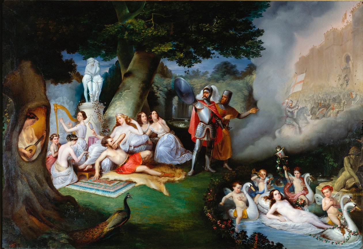 Renaud v zahradě Armide Ilustrace scény „The Jerusalem Delivree“ (La gerusalemme liberata) od Torquata Tassa (známého jako Hrnek). Okouzlující Armide obklopený velmi symbolickými Amours svádí pomocí svého kouzelného zrcadla rytíře od Federico Peschiera