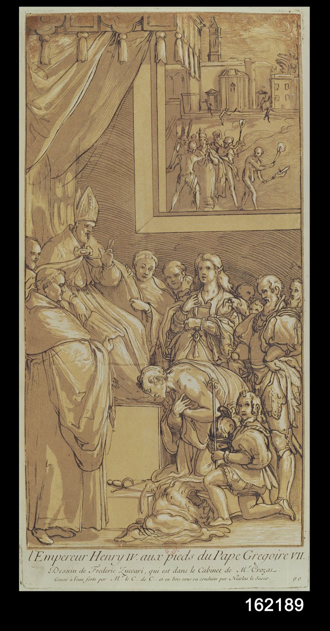 Císař Jindřich IV. (1050-1106) u nohou papeže Řehoře VII. (1020-85), vyryl Nicolas Le Sueur (1691-1764) od Federico Zuccari or Zuccaro