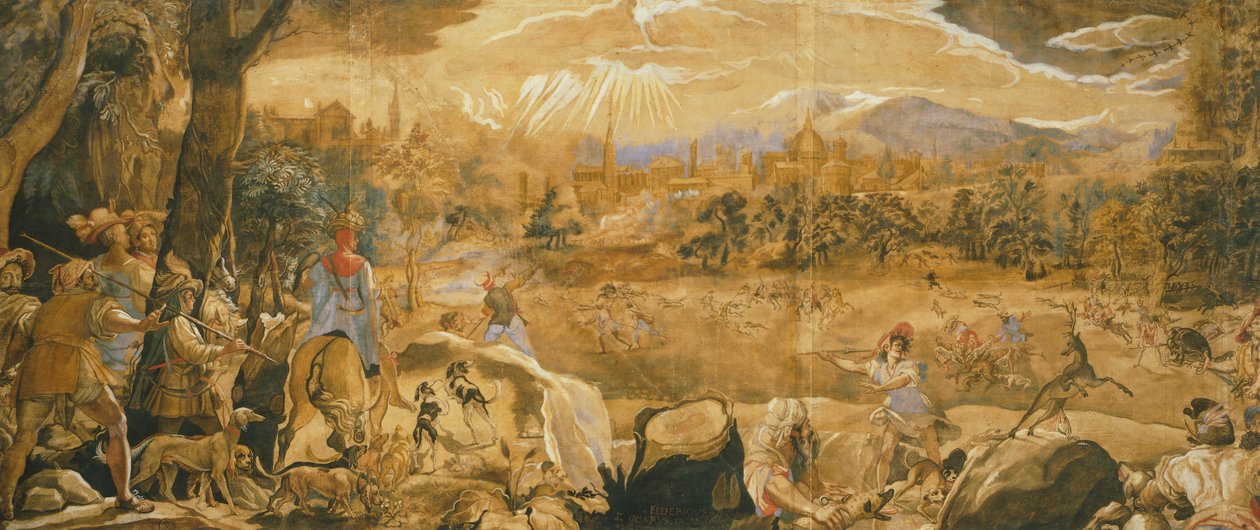 Lovecká scéna s imaginární Florencií, Federico Zuccaro (asi 1540-1609) od Federico Zuccaro
