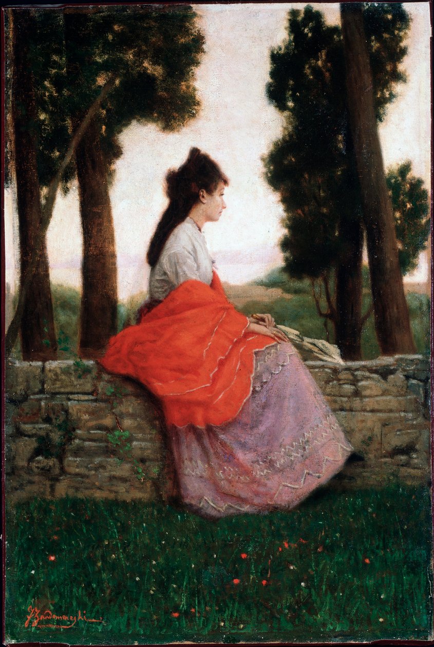 Mladá dáma, která na něco čeká, sedí na malé zídce - Obraz Federica Zandomeneghiho (1841-1917) Soukromá sbírka od Federigo Zandomeneghi
