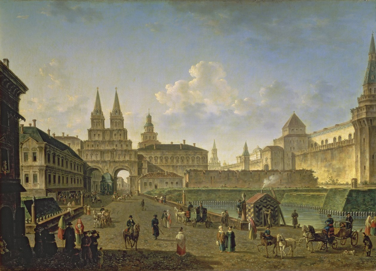 Pohled na Voskresenského a Nikolského brány a most Neglinny z ulice Tverskay v Moskvě, 1811 od Fedor Yakovlevich Alekseev