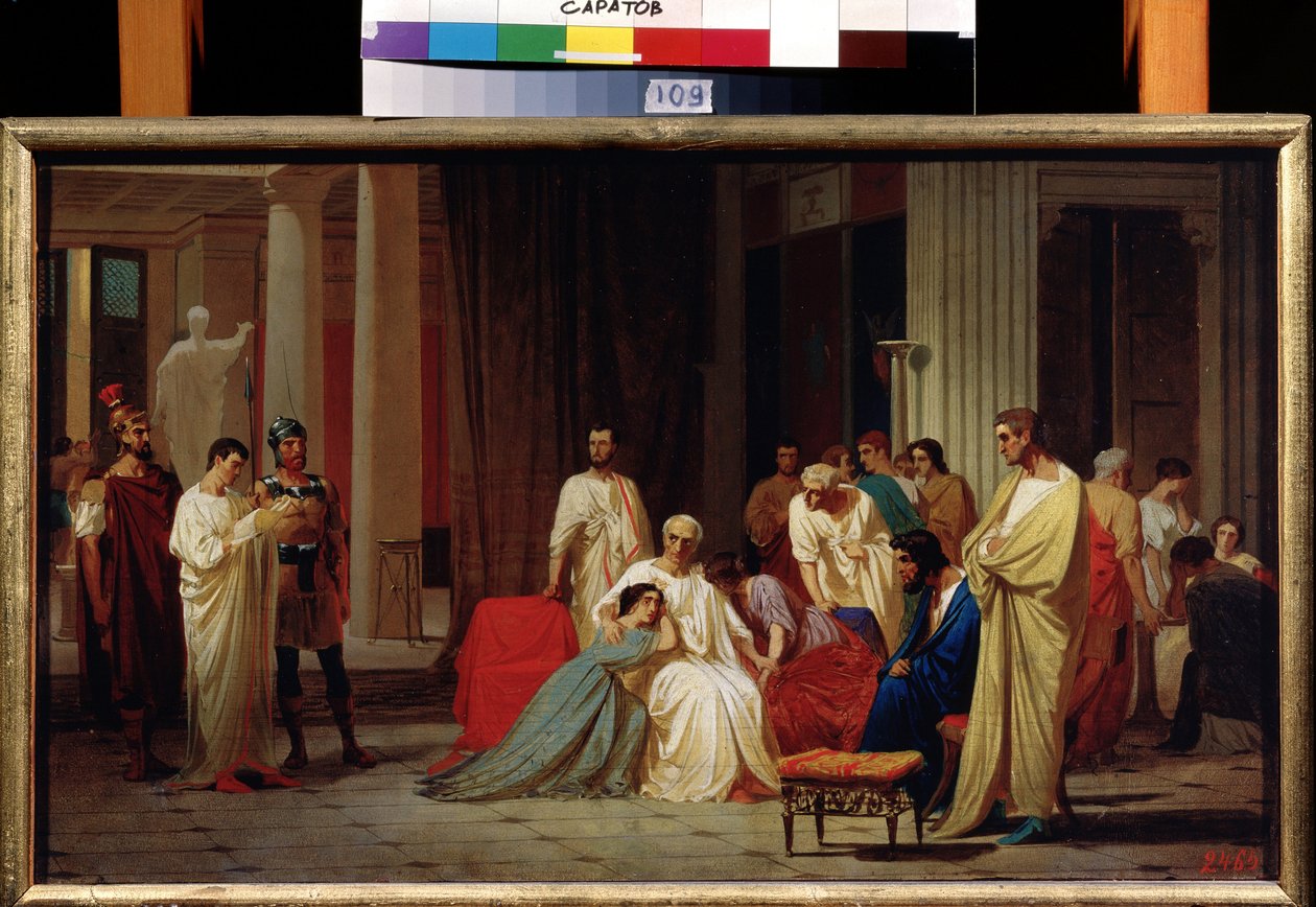 ""Čtení rozsudku smrti římského senátora Publia Clodia Thrasea Paetus v roce 66 nl"" Obraz Feodora Andrejeviče Bronnikova (1827-1902) Státní muzeum umění A. Radiščeva z 19. století, Saratov od Fedor Andreevich Bronnikov