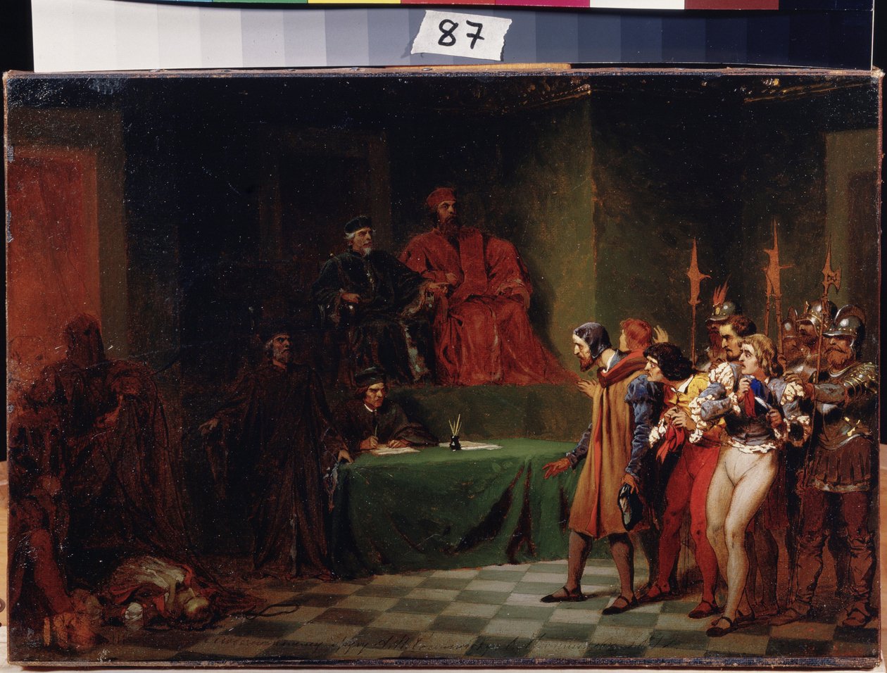 Umělci mozaiky před koncilem tří v Benátkách (Itálie) (Umělci mozaiky před koncilem tří v Benátkách). Obraz Feodora Andrejeviče Bronnikova (1827-1902). Olej na plátně, před 1886, 25,5 x 37,5 cm, ruské umění. Státní muzeum umění A. Radishcheva, od Fedor Andreevich Bronnikov