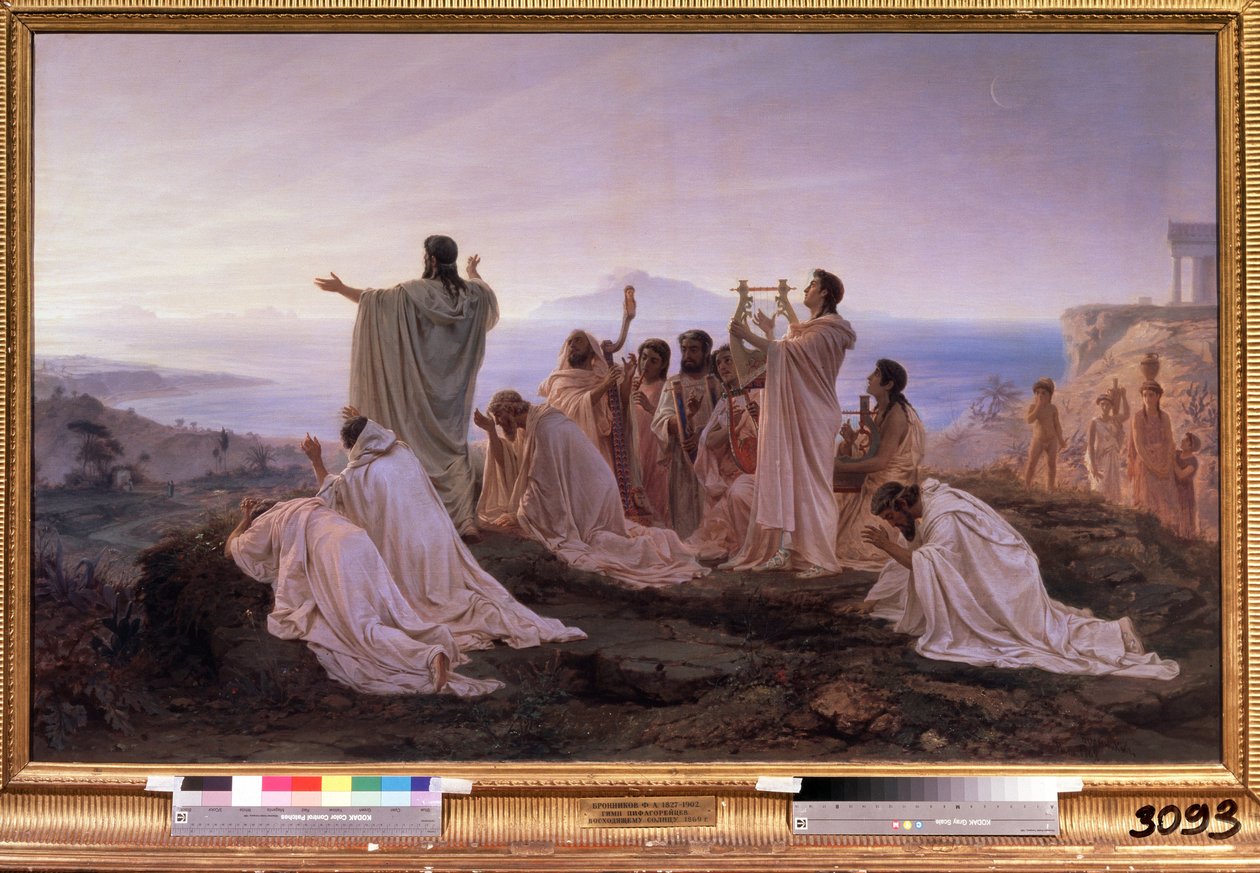 ""The Hymn to the Rising Sun of Pythagoras"" Rituální obřad ve starověkém Řecku inspirovaný pythagorejskými teoriemi týkajícími se hudby a hvězd. Obraz Feodor Andrejevič Bronnikov (1827-1902) 1869 Státní Treťjakovská galerie Moskva od Fedor Andreevich Bronnikov