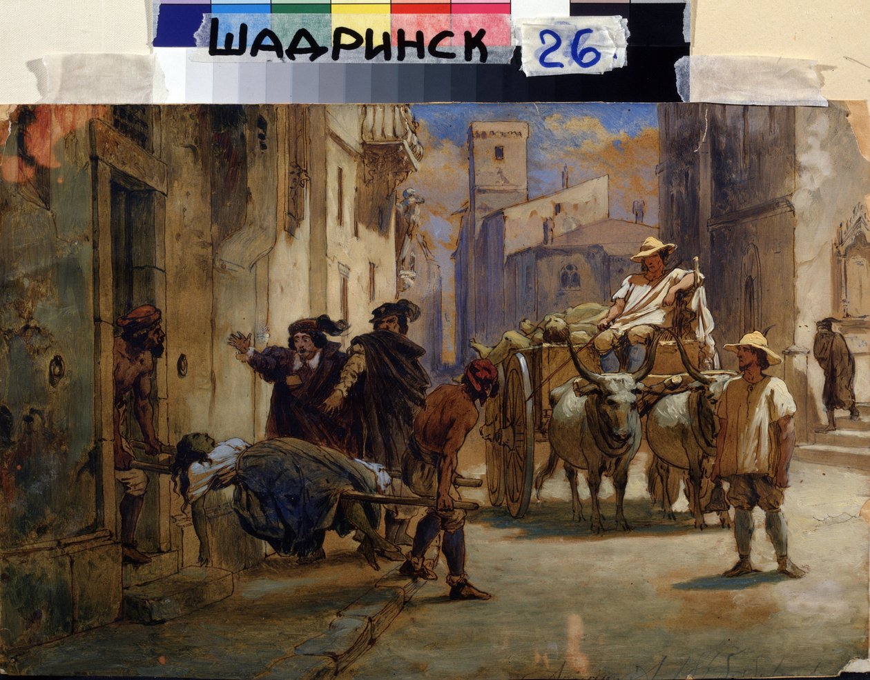 Během epidemie. Nosiči vynášející tělo mrtvé ženy z domu, aby je dali do vozíku s dalšími mrtvolami. Obraz Feodora Andrejeviče Bronnikova (1827-1902). Olej na kartonu, 21,8 x 33 cm, ruské umění od Fedor Andreevich Bronnikov