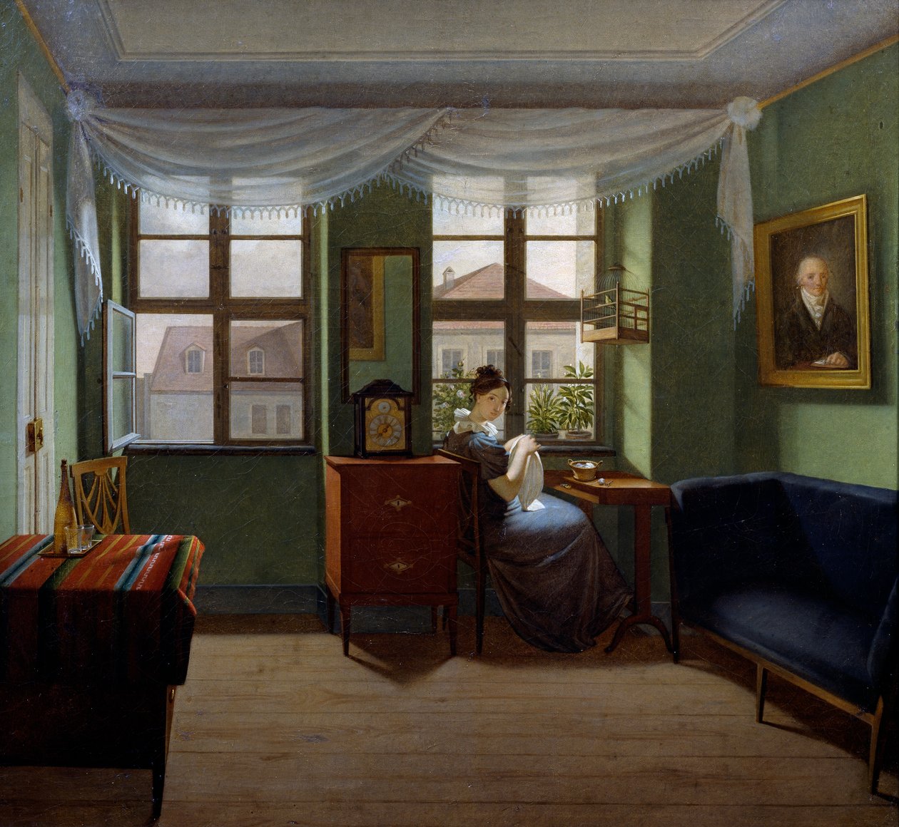 Šití, Malba Fjodora Tolstého (1783-1873), Olej na plátně, 42x46, 8 cm od Fedor Petrovich Tolstoy