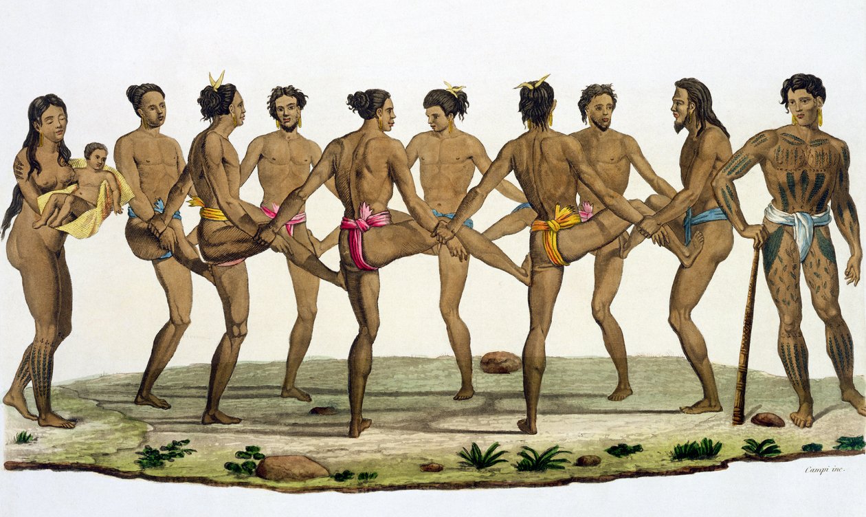 Tanec Caroline Islanders, deska 22 z „Le Costume Ancien et Moderne“ od Julese Ferraria, vydáno kolem 20.–30. let 19. století od Felice Campi